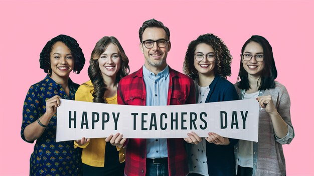 HAPPY TEACHERS DAY Grupa nauczycieli trzymających sztandary szczęśliwy dzień nauczycieli Generative ai