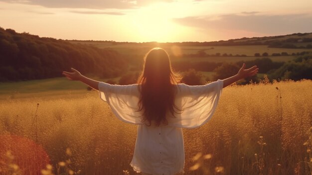 Happy_woman_standing_with_her_back_on_sunset Generatywna sztuczna inteligencja