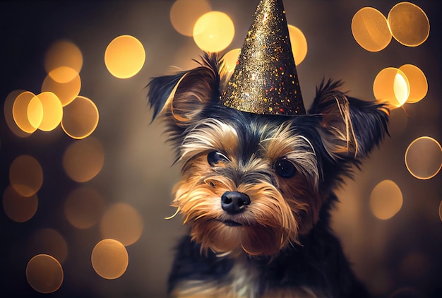 Happy Yorkshire Terrier ma na sobie kapelusz strony do świętowania z tłem bokeh Koncepcja zwierząt i zwierząt Generative AI
