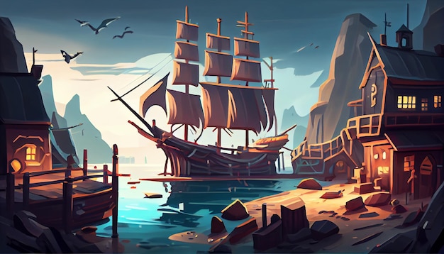 Harbour Środowisko tła 2D dla gry mobilnej Wysokiej jakości poziomy krajobraz tła Lokalizacja projektu szablonu gier Generative ai