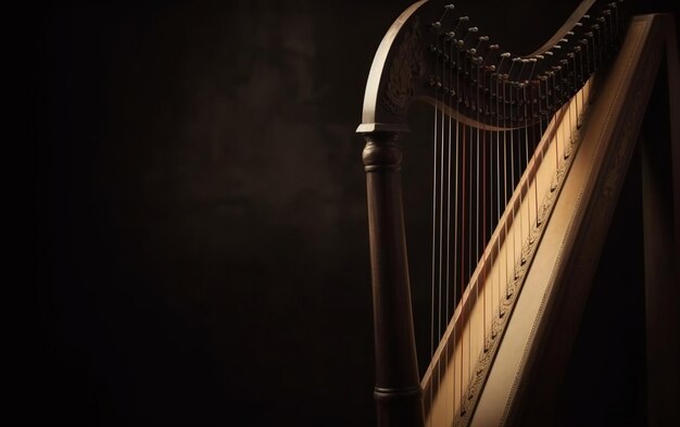 Harfa jest pokazana w ciemnym pokoju.