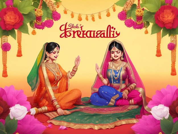 Hariyali teej hinduski festiwal powitanie tło z szczęśliwą kobietą ai generowaną
