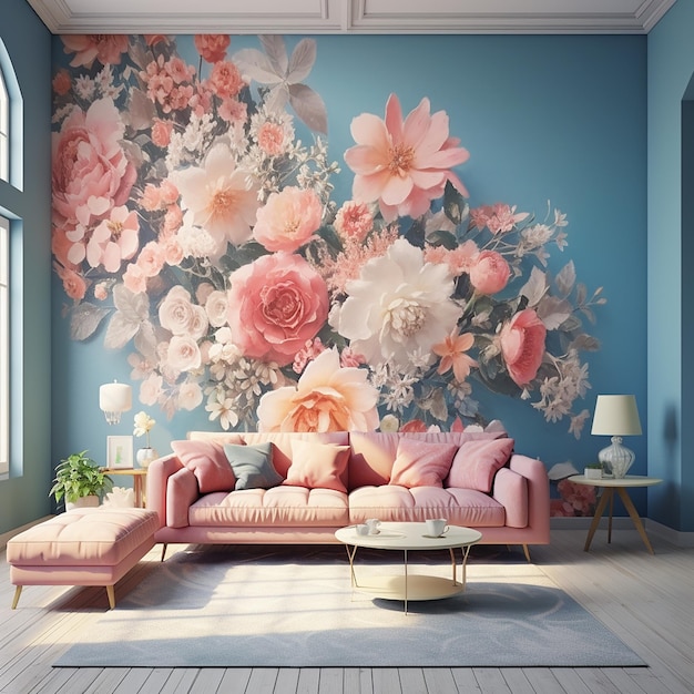 Harmonia kwiatowa Nowoczesny wnętrze salonu z pięknym malowidłem ściennym