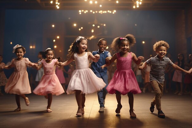 Zdjęcie harmonia w różnorodności wiśnia dzieci różnych ras tańczą razem radosna dziewczyna chłopiec szczęśliwe życie