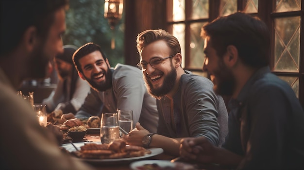 Harmonijny obraz zróżnicowanej grupy przyjaciół dzielących posiłek podczas Iftar