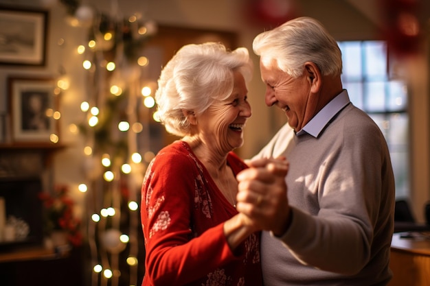 Harmonijny taniec radosnej chwili starszej pary w przytulnym salonie