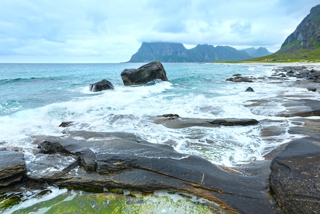 Haukland Kamienista Plaża Lato Widok