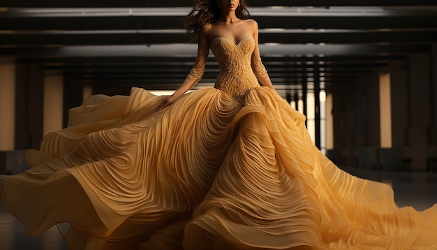 Haute couture zainspirowana sukienką ślubną w ochrowej koncepcji mody