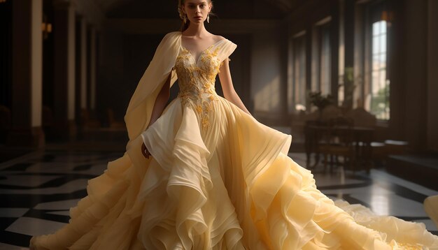 Haute couture zainspirowana sukienką ślubną w ochrowej koncepcji mody