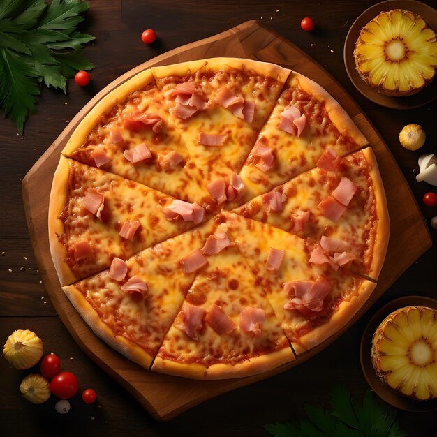 Hawajska pizza z góry na drewnianym tle