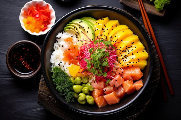 Hawajska Poke Bowl z tuńczykiem, łososiem i krewetkami, podawana z awokado Generative Ai