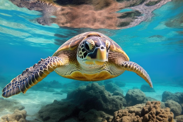 Hawajski żółw zielony Chelonia mydas pływa pod wodą Hawajski żółw zielony Chelonia mydas w Morzu Czerwonym Wygenerowano sztuczną inteligencję