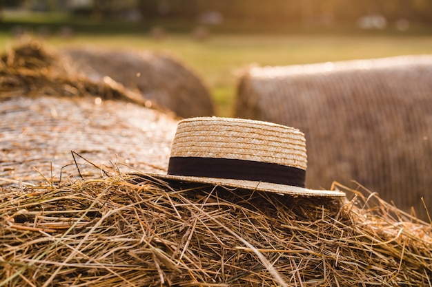 Haystacks z kapeluszem na polu w gospodarstwie