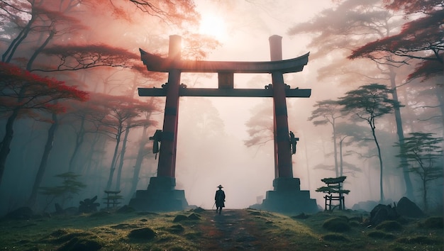 Zdjęcie hd tapety misty forest w japonii torii brama w japonii misty forest mglisty las tło