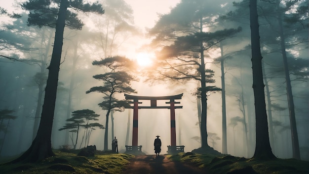 Zdjęcie hd tapety misty forest w japonii torii brama w japonii misty forest mglisty las tło