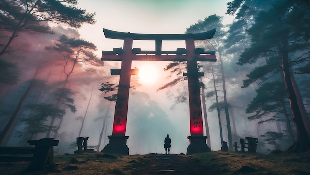 Zdjęcie hd tapety misty forest w japonii torii brama w japonii misty forest poranny krajobraz