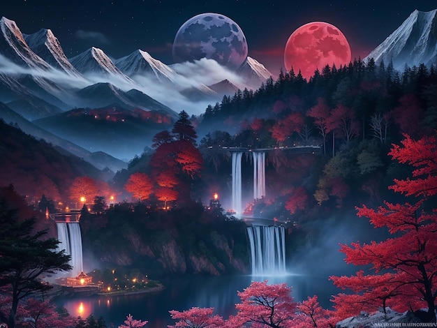 Hd Wodospad Tapety górskie magiczne drzewo tło wielki księżyc