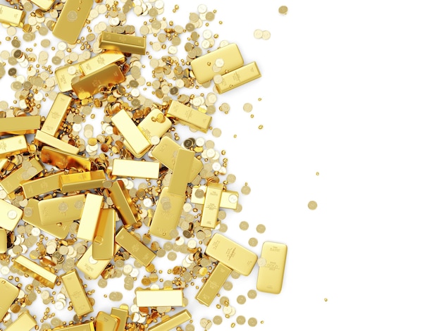 Heap Of Treasure Golden Bars Monety I Złote Kawałki Na Białym Tle