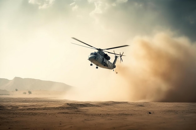 Helikopter na pustyni z chmurą pyłu za nim
