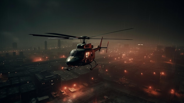 Helikopter przelatuje nocą nad miastem.