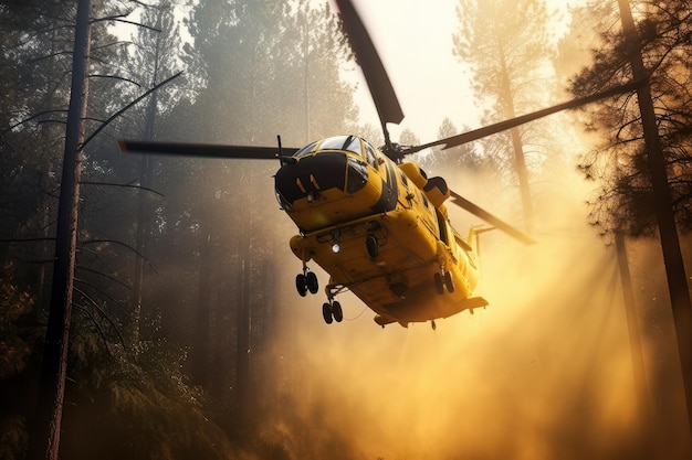 Helikopter ratunkowy gasi pożar lasu, zrzucając dużą ilość wody na płonące drzewo iglaste