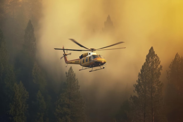 Helikopter ratunkowy gasi pożar lasu, zrzucając dużą ilość wody na płonący coni