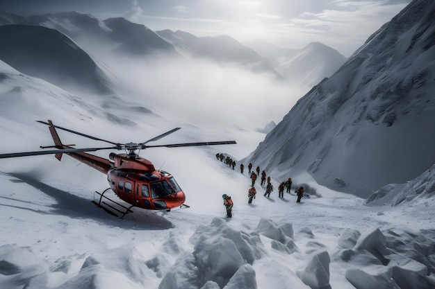 Helikopter ratunkowy lecący w śnieżnym krajobrazie Wygenerowana sztuczna inteligencja sieci neuronowej