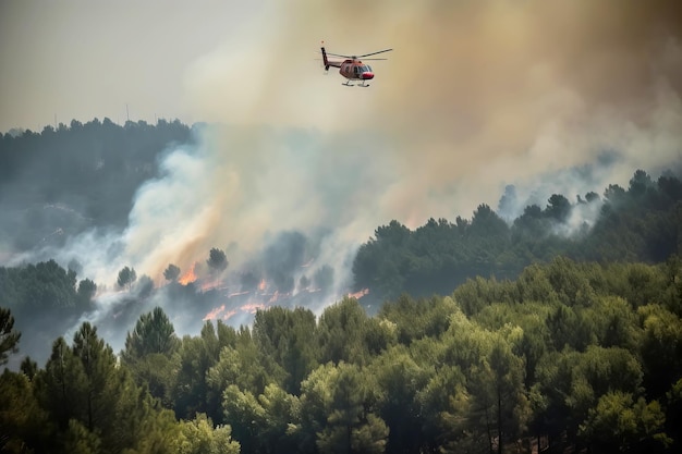 Helikopter strażaka gasi pożar lasu Generatywna ilustracja sztucznej inteligencji