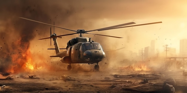 Helikopter w strefie działań wojennych ogień i dym na tle pustyni Generacyjna sztuczna inteligencja