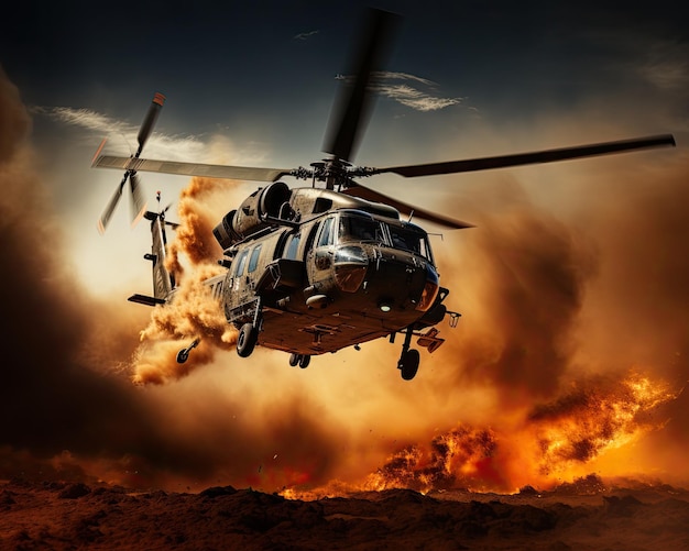 Helikopter wojskowy przecina kurz i ogień