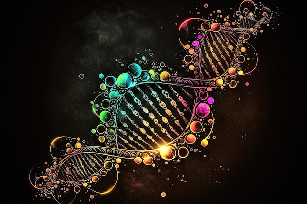 Helisa DNA na czarnym tle Generatywna podwójna nić AI żółtych i niebieskich kolorowych pasm człowieka