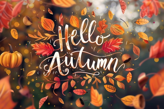 Zdjęcie hello autumn typography with colorful leaves and fall imagery illustration