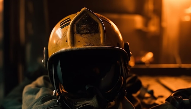 Hełm strażaka znajduje się w ciemnym pokoju z logo strażaka z przodu.