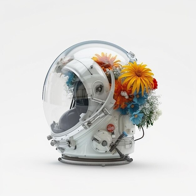 Hełm z kwiatkiem z napisem „astronauta”.