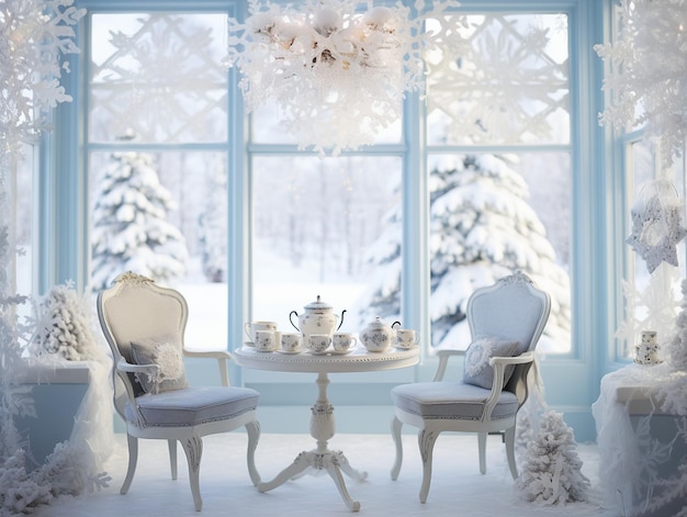 Herbaciarnia w zimowej krainie czarów z dekoracją w kształcie płatka śniegu