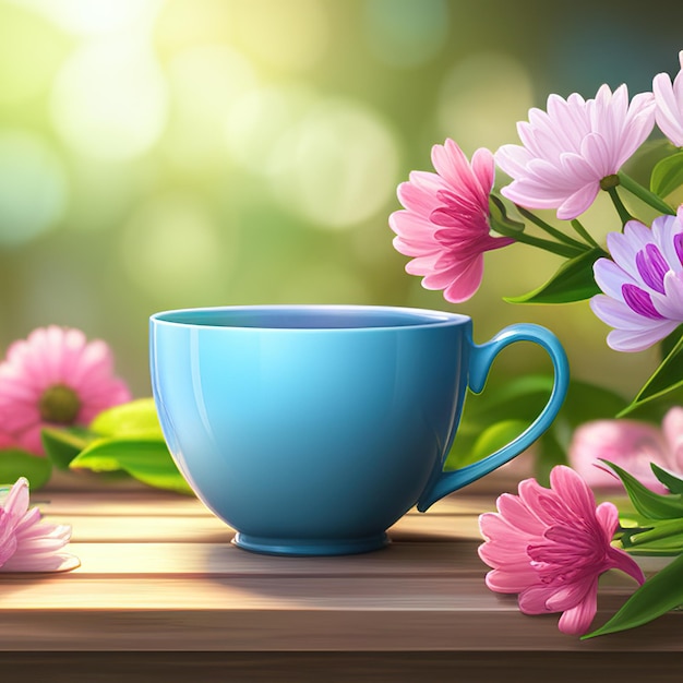 Herbata i kwiaty filiżanka herbata na drewnianym stole w letnim ogrodzie na świeżym powietrzu herbata ziołowa i kwiaty generatywne