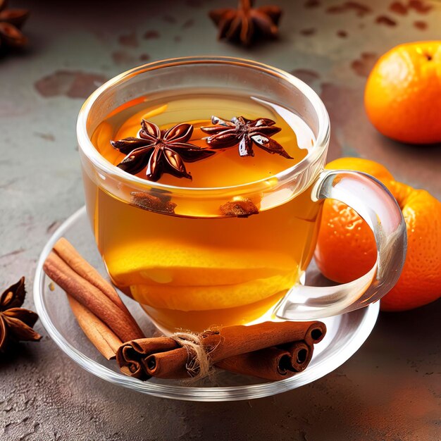 Herbata mandarynkowa z cynamonem i anyżem w filiżance na stole Dieta przeciwutleniająca