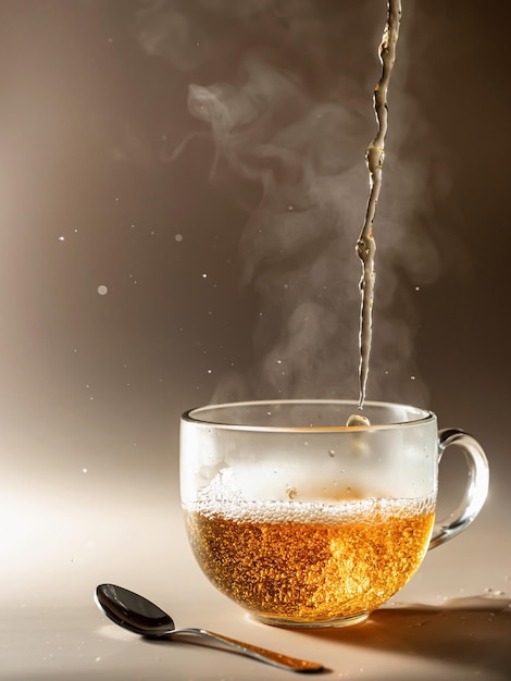 Herbata nalewana do szklanej filiżanki z parą i plamami na brązowym monochromatycznym tle