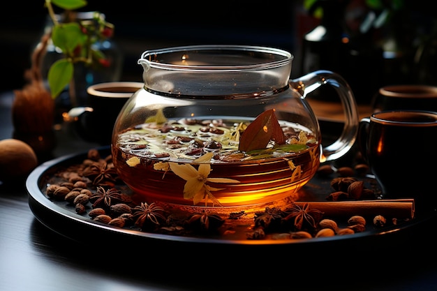 Herbata w szklanym czajniczku z cynamonowym anyżem i orzechami na czarnym tlegenerative ai