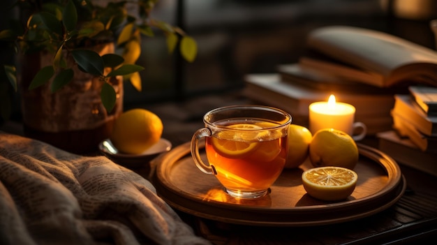 Herbata z cytryną i książka na stole