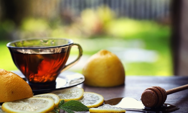 Herbata z cytryną i miętą w naturze. Filiżanka gorącej miętowej herbaty z cytryną i miodem w słoiku. Plastry cytryny i łyżka miodu do gorącej herbaty.