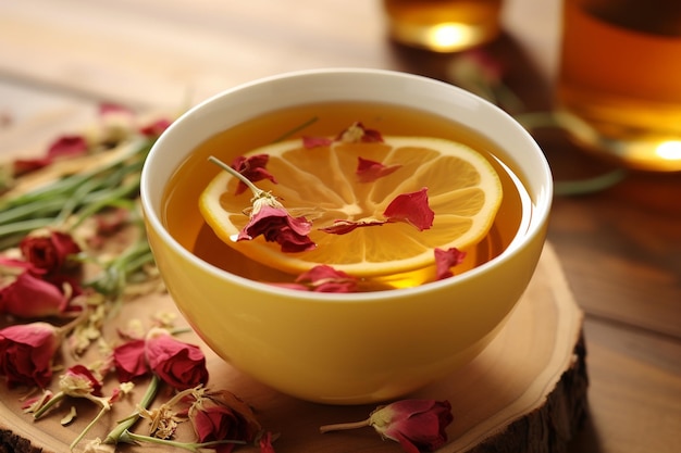 Herbata z cytryną w filiżance z suszonymi różami