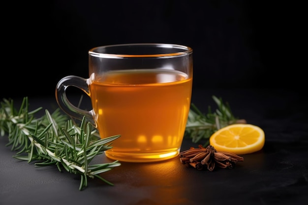 Herbata z jagodami rokitnika na ciemnym tle Ziołowa herbata witaminowa