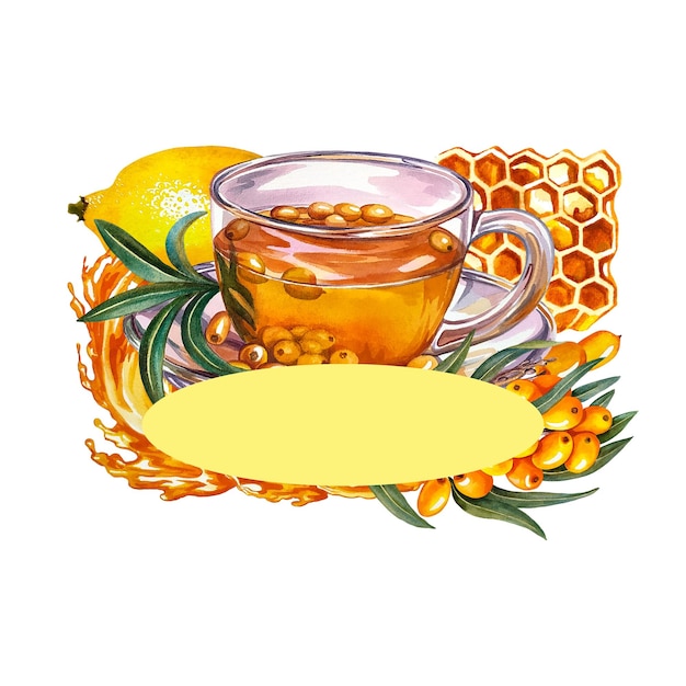 Herbata z rokitnika Szklany kubek z cytryną i miodem. Akwarela ilustracja.