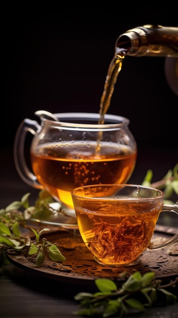 herbatny dzień brązowy czajnik wylewający gorącą herbatę do dużej filiżanki obok gałęzi herbaty na drewnianym stole pionowo wysokiej jakości