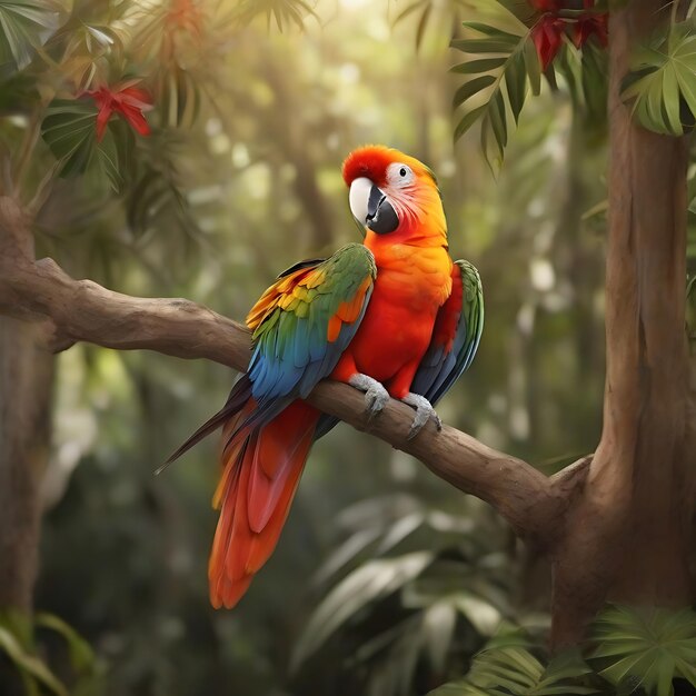 Hermosa guacamaya roja timando el sol en un rbol de un bosque tropikalny AI