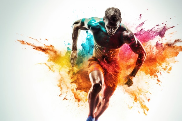 Zdjęcie heroiczna podwójna ekspozycja, kolorowe zdjęcie dobrze wyszkolonego szwedzkiego biegacza, który szybko biega