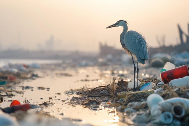 Heron stojący wśród śmieci na zanieczyszczonym nabrzeżu