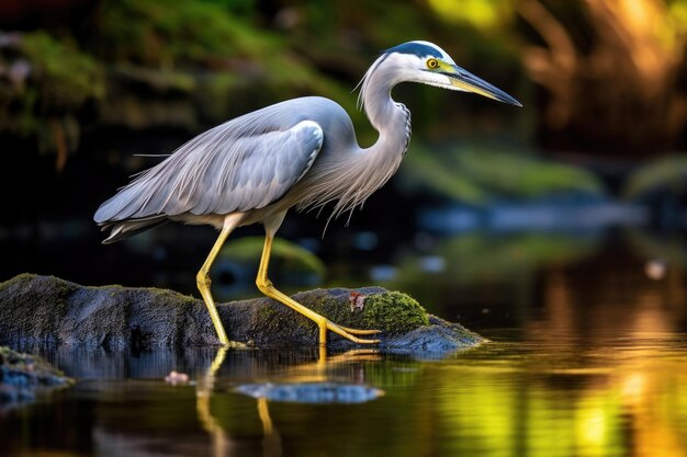 Heron szuka pokarmu w spokojnych wodach stawu