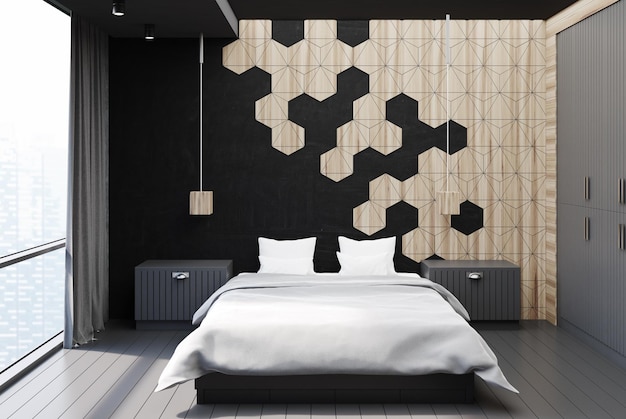 Hexagon czarne i drewniane wnętrze sypialni z betonową podłogą, biały kołdrę na głównym łóżku z dwoma nocnymi stolikami.